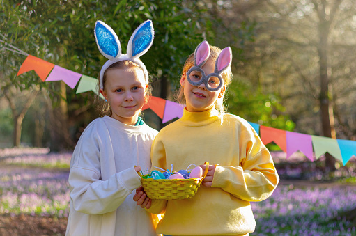 little girls with decorative rabbit ears hold a basket with colorful eggs. Easter bunny funny costume. Celebration, party, decorating.