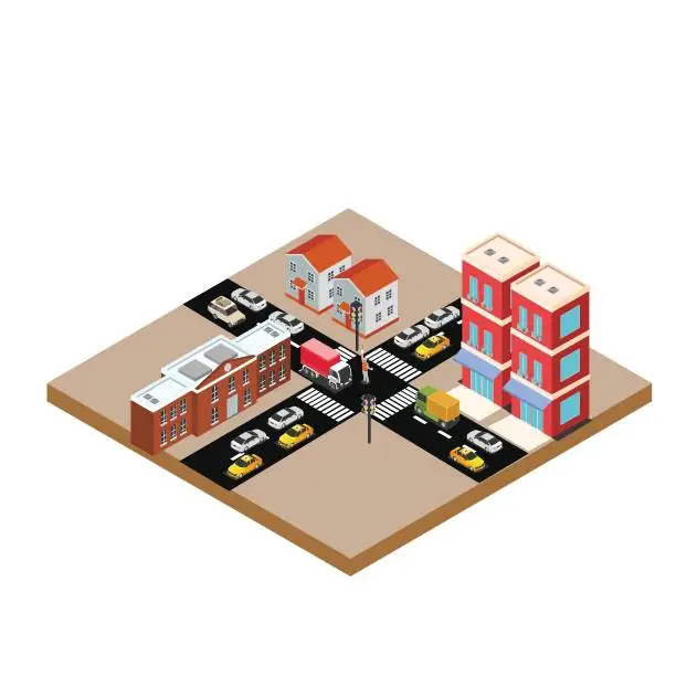 Vector illustration of City street Intersection traffic jams 3d isometric