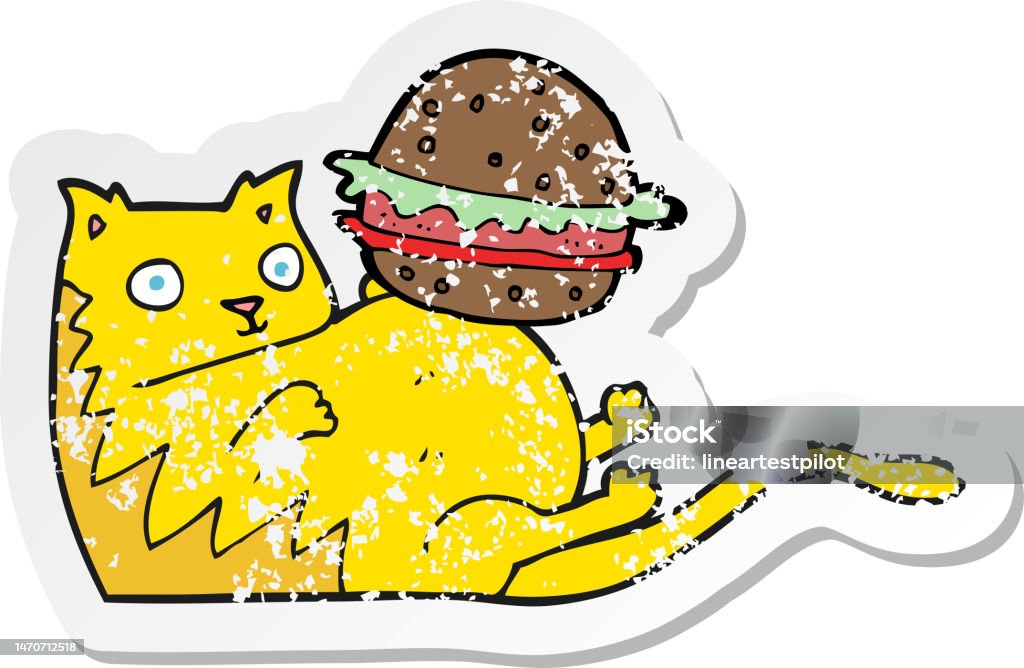 Stiker Retro Tertekan Dari Kucing Gemuk Kartun Dengan Burger Ilustrasi