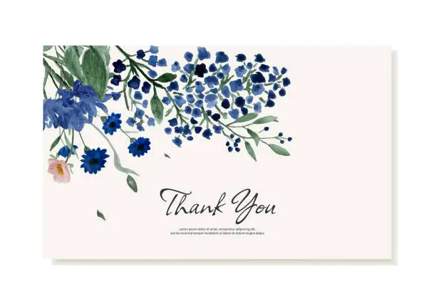 Vector illustration of Thank you card with field blue flowers. Vector template