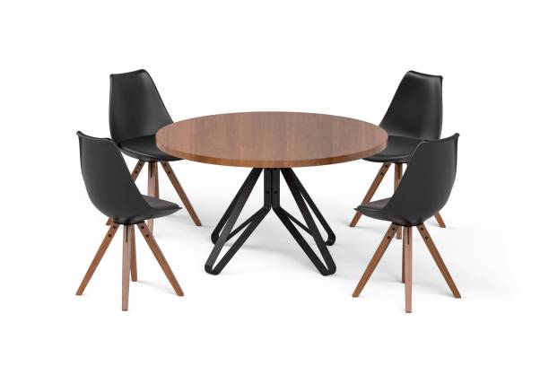 Round dining table with four chairs Round dining table with four chairs isolated on white background - 3d render round wooden chair stock pictures, royalty-free photos & images