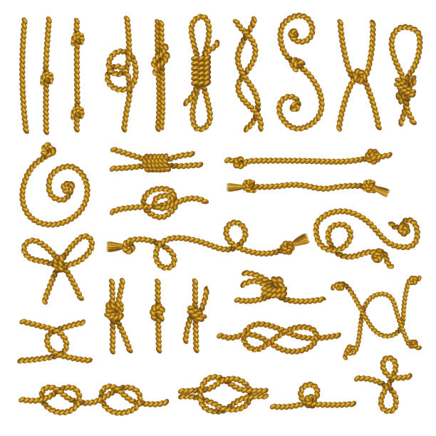 Rope pieces. Curved marine rope pieces with knot recent vector illustrations collection of rope and cord string cable Rope pieces. Curved marine rope pieces with knot recent vector illustrations collection of rope and cord string cable, knot strong tied knot stock illustrations