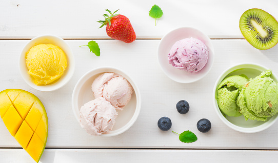 Top view of various types of ice cream