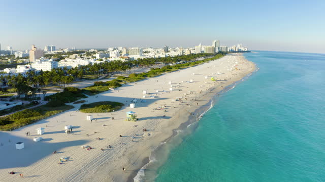Aerial flying over South Beach Miami in Miami FL.