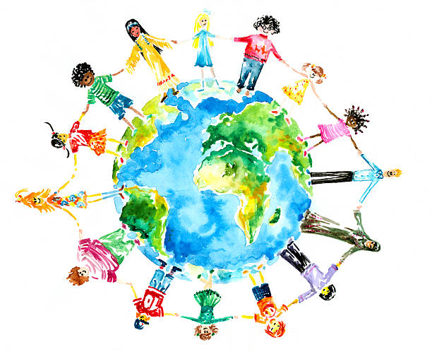 Children holding hands around the globe Children of different races hugging the planet Earth.Picture I have created myself with watercolors. peace symbol images pictures stock illustrations