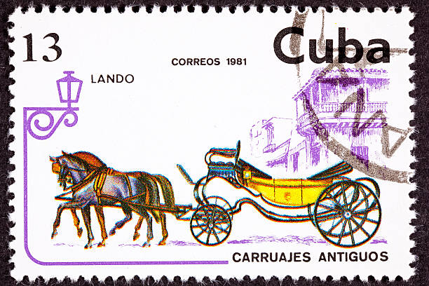 istock Canceled Cuban Postage Stamp Horse Team Pulling Convertible Landau Carriage 147071896