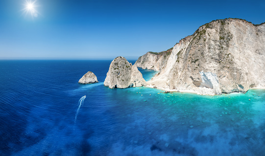 The remote and beautiful beach of Cape keri with the Mizithres rocks at the west coast of Zakynthos island, Greece