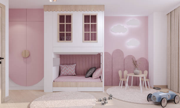Pink Kids Room Digitally Generated Image of Pink Kids Room pink bed stock pictures, royalty-free photos & images