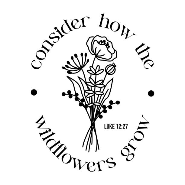 Wildflowers retro floral Illustration with Bible Verse phrase typography. Modern logo template for florist, photographer, fashion blogger or decorative stamp for envelope. Wildflowers retro floral Illustration with Bible Verse phrase typography. Modern logo template for florist, photographer, fashion blogger or decorative stamp for envelope. Consider how the wildflowers grom by Luke weed stamp stock illustrations
