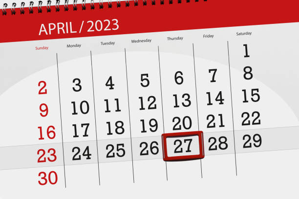 Calendar 2023, deadline, day, month, page, organizer, date, april, thursday, number 27 Calendar 2023, deadline, day, month, page, organizer, date, april, thursday, number 27. number 27 stock illustrations