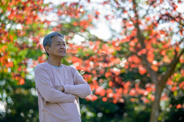 Senior Asian man enjoy retirement life and looking away at public park.