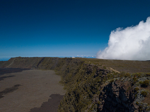 the huge caldera around the piton de la fournaise volcano. drone point of view. la reunion island, mascarene islands, indian ocean islands, french overseas territory, africa, france.