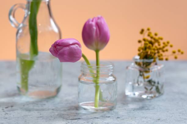 istock Three transparent glass vases on a table with various flowers 1470722053