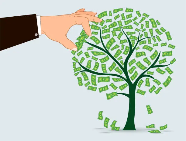 Vector illustration of Hand and Tree of money, harvest, investment, salary, savings...