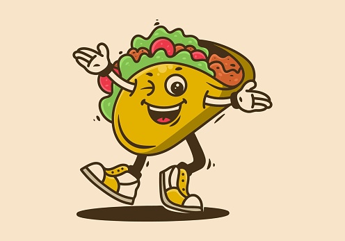 Mascot character design of walking tacos with happy face