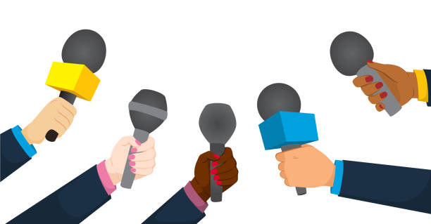 Journalist In A Press Conference Layout Vector illustration of reporters holding microphones isolated on white background. breaking news stock illustrations