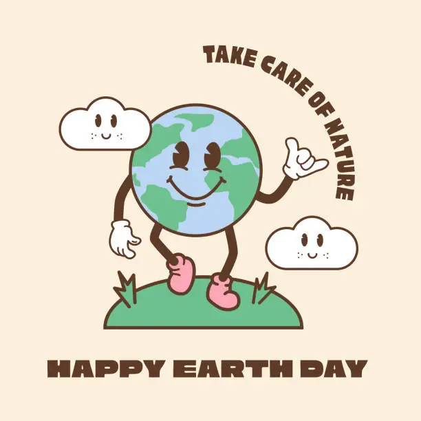 Vector illustration of Vintage motivational poster. Retro happy earth day card design template with smiling planet character mascot. Global warming, recycling, environmental eco print concept. Vector flat illustration.