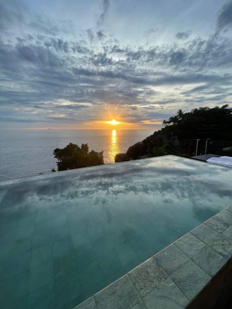 istock Sunset on the night swimming pool 1470728593