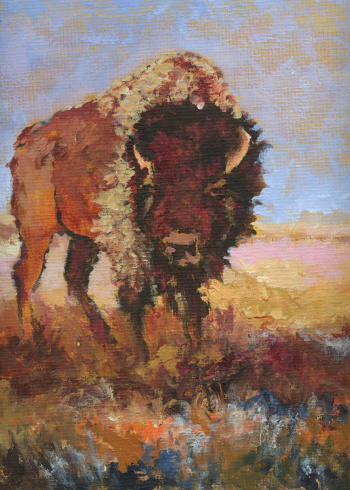 Painting by me of a lone buffalo on the open prairie. thick paint on canvas.