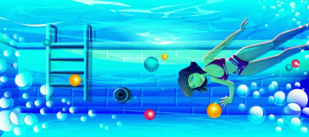 Vector illustration of Summer holiday concept in cartoon style. A young girl in a swimsuit underwater in the pool and inflatable balls on a sunny summer day.