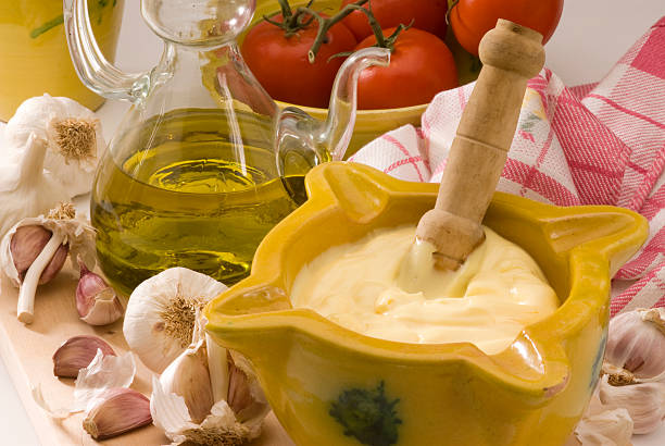 Spanish cuisine. Garlic mayonnaise sauce. stock photo