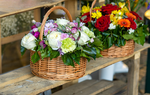 Fresh roses, chrysanthemum and carnation spring summer flowers bouquet arrangement