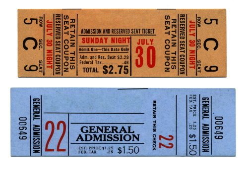 Vintage tickets from the 1950s.  Scanned at high resolution & modified in Photoshop to remove any trademarks, logos or copyrighted elements.