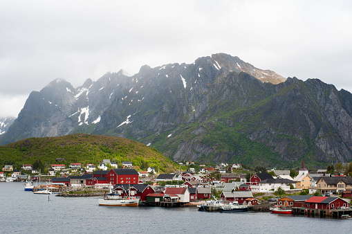 Traditional village in Lofoten archipelago, Norway with red wooden houses