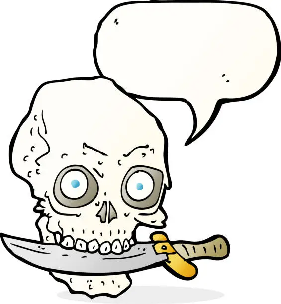 Vector illustration of cartoon pirate skull with knife in teeth with speech bubble