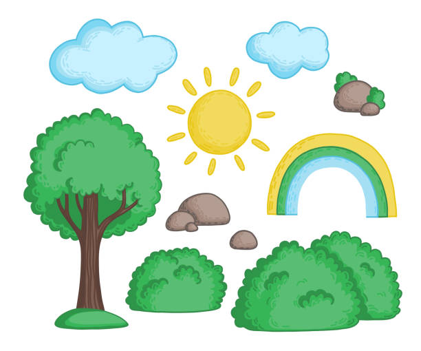 istock A set of vector illustrations with wood, ropes, stones, clouds and the sun 1470734684