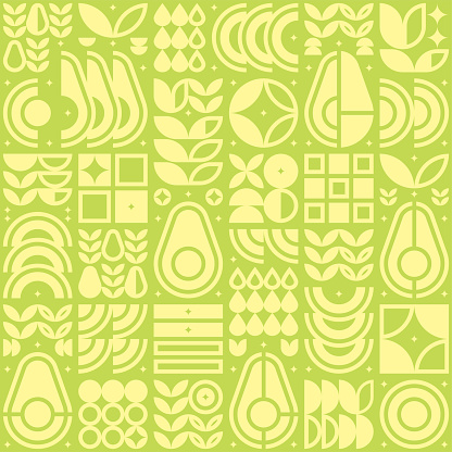 Abstract artwork of avocado pattern icon. Simple flat vector art, illustration symbol of cut avocado, seed, flower, leaf, in silhouette. Modern geometric background design, fruit and vegetable theme.