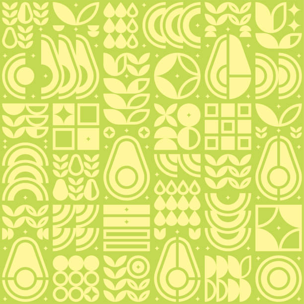 Abstract artwork of avocado pattern icon. Simple flat vector art, illustration symbol of cut avocado, seed, flower, leaf, in silhouette. Modern geometric background design, fruit and vegetable theme. Abstract artwork of avocado pattern icon. Simple flat vector art, illustration symbol of cut avocado, seed, flower, leaf, in silhouette. Modern geometric background design, fruit and vegetable theme. tree cutting silhouette stock illustrations