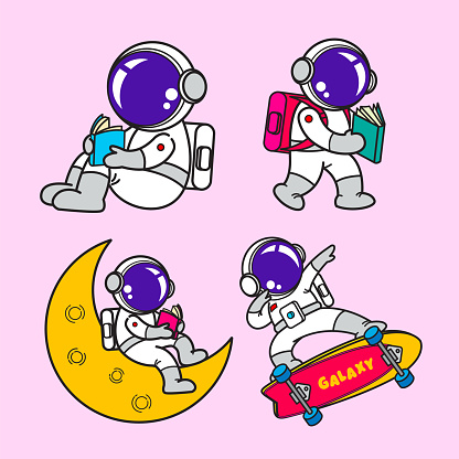Astronaut cartoon set, animation , flat design, skate board, Vector illustration