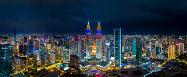 panoramic of kuala lupur city at night, malaysia. - kuala lumpur stok fotoğraflar ve resimler