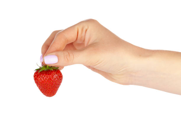 hand holding a strawberry isolated on white background