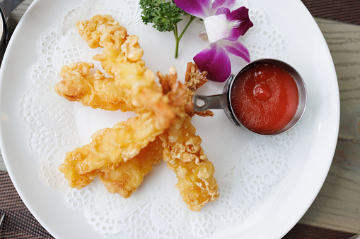Japanese Style Snack, Crispy Deep Fired Shrimp Tempura with ketchup