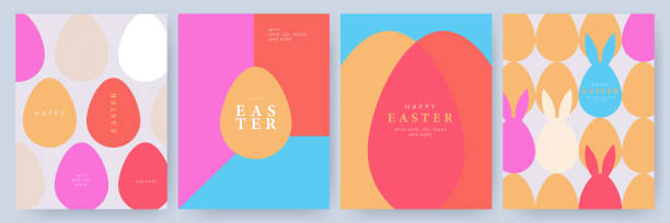 stockillustraties, clipart, cartoons en iconen met happy easter set of cards, posters or covers in modern minimalistic style with geometric shapes, eggs and rabbit ears. trendy cute templates for advertising, branding, congratulations or invitations - pasen