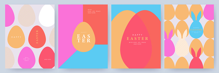 Happy Easter set of cards, posters or covers in modern minimalistic style with geometric shapes, eggs and rabbit ears. Trendy cute templates for advertising, branding, congratulations or invitations