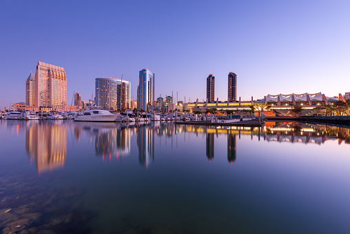 San Diego, California, USA downtown skyline at the Embarcadero at twilight.