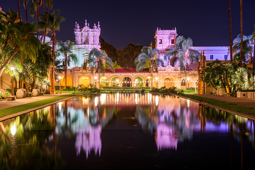 San Diego, California, USA plaza fountain at night in the Prado.