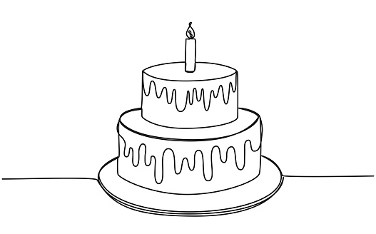 continuous single line drawing of birthday cake with candle on top, line art vector illustration