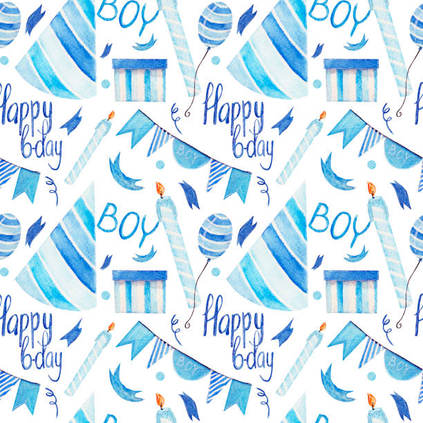 ilustrações de stock, clip art, desenhos animados e ícones de watercolor seamless pattern with birthday attributes, party hat,  candle, balloon, lettering and gift on white background. festive pattern for boy birthday. - party hat hat white background blue