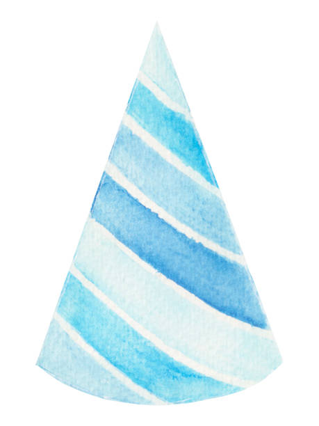 akwarelowa ilustracja z atrybutami urodzinowymi, niebieski kapelusz imprezowy. świąteczny element izolowany na białym tle. - party hat hat white background blue stock illustrations