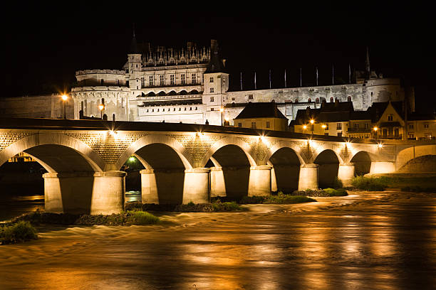 Amboise Chateau and old bridge at night