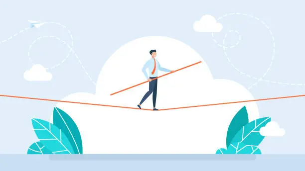 Vector illustration of Business risk and professional strategy concept. Businessman walks over gap as tightrope walker. Manage Business risk. Businessman walking tightrope. Funambulist. Balance-master. Vector illustration