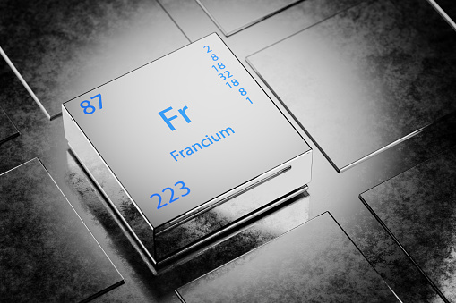 3D illustration of Francium as an element of the periodic table. Francium element Cesium a metallic background. Francium chemical element design showing element name, atomic weight and number. 3d render.