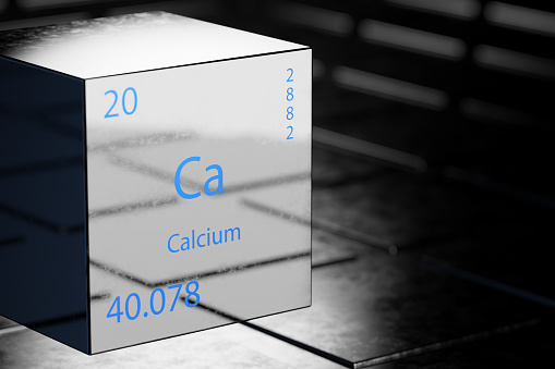 3D illustration of Calcium as an element of the periodic table. Chemical element Calciumon a metallic background. Calcium chemical element design showing element name, atomic weight and number. 3d render.