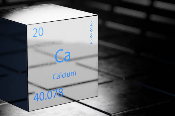 3D illustration of Calcium as an element of the periodic table. Chemical element Calciumon a metallic background. Calcium chemical element design showing element name, atomic weight and number. 3d render. stock photo