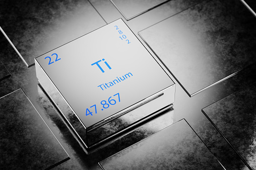 Ilustración 3D del titanio como elemento de la tabla periódica. Elemento de titanio un fondo metálico. Diseño de elemento químico de titanio que muestra el nombre del elemento, el peso atómico y el número. Renderizado 3D. photo