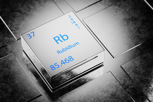 3D illustration of Rubidium as an element of the periodic table. Rubidium element a metallic background. Rubidium chemical element design showing element name, atomic weight and number. 3d render.